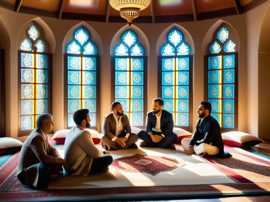 Un grupo diverso inmerso en profunda conversación en un espacio islámico tradicional