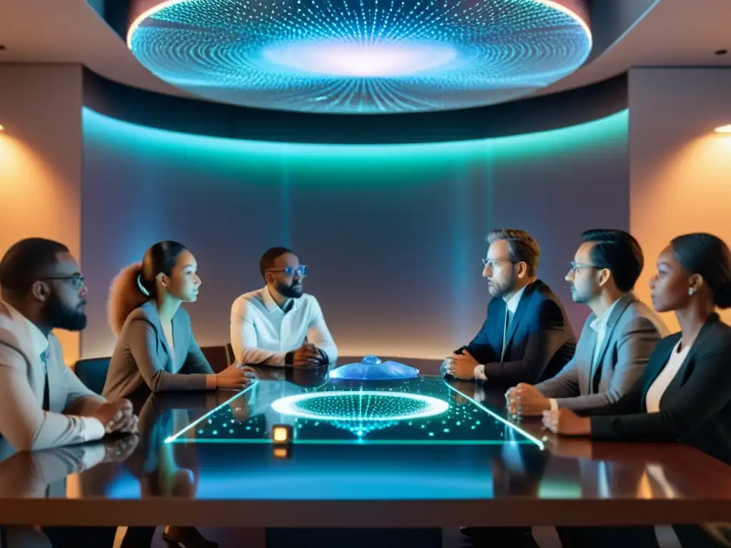 Grupo diverso discute implementación ética de inteligencia artificial en sala de conferencias futurista con proyección holográfica de red neural