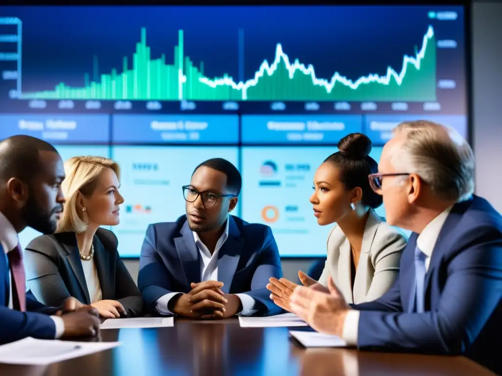 Grupo diverso de inversores debatiendo estrategias para decisiones efectivas en mundo incierto, rodeados de gráficos y reportes financieros
