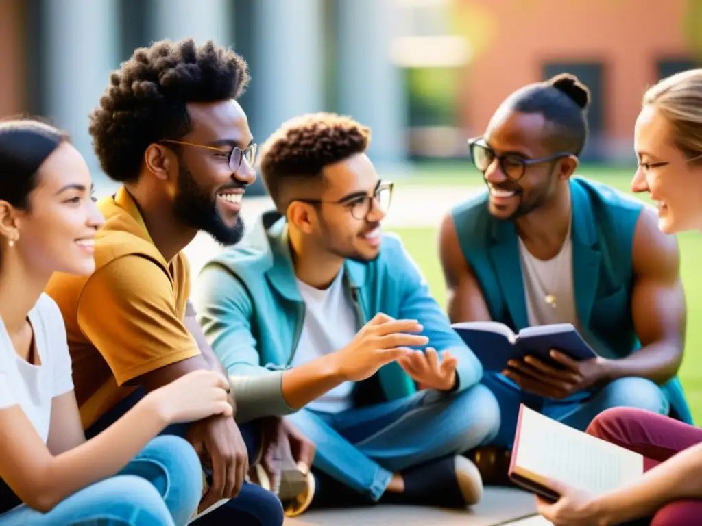 Un grupo diverso de jóvenes filósofos en una animada discusión en un moderno patio universitario