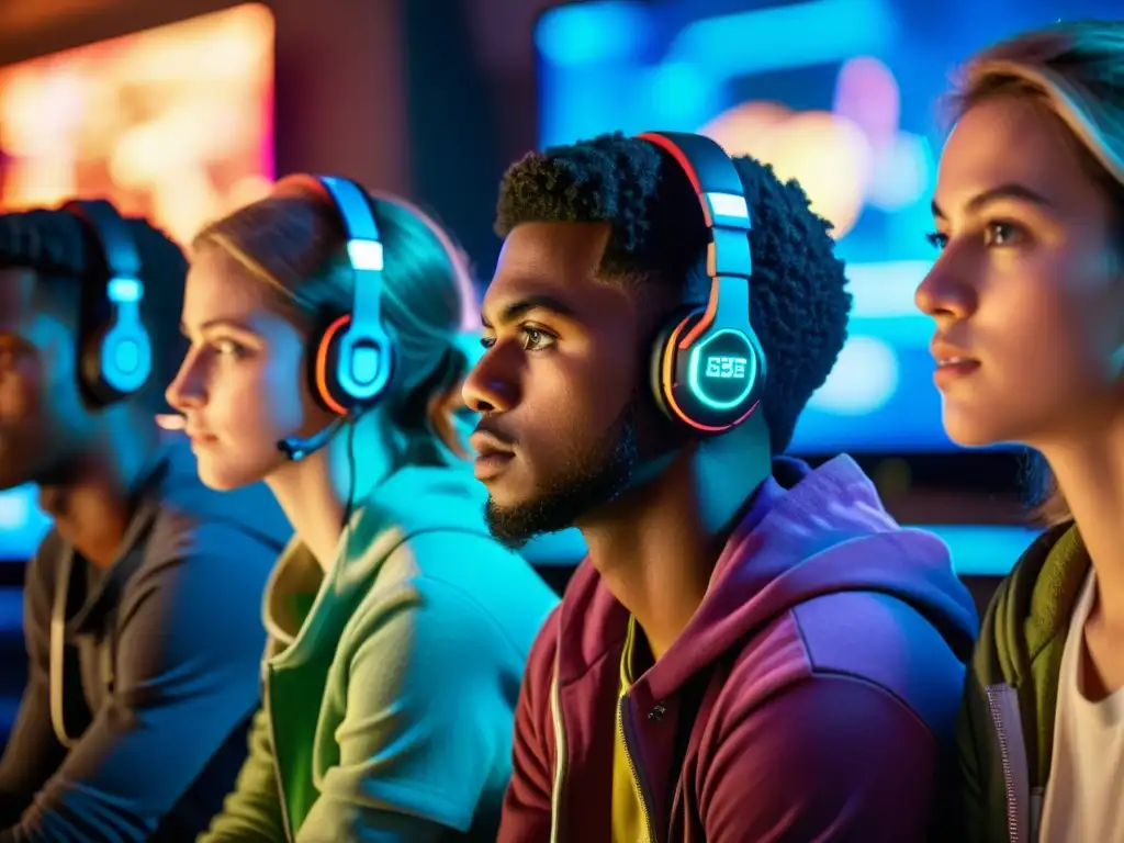 Un grupo diverso de jóvenes juega videojuegos  en una habitación iluminada por la pantalla, mostrando la influencia de los videojuegos en filosofía