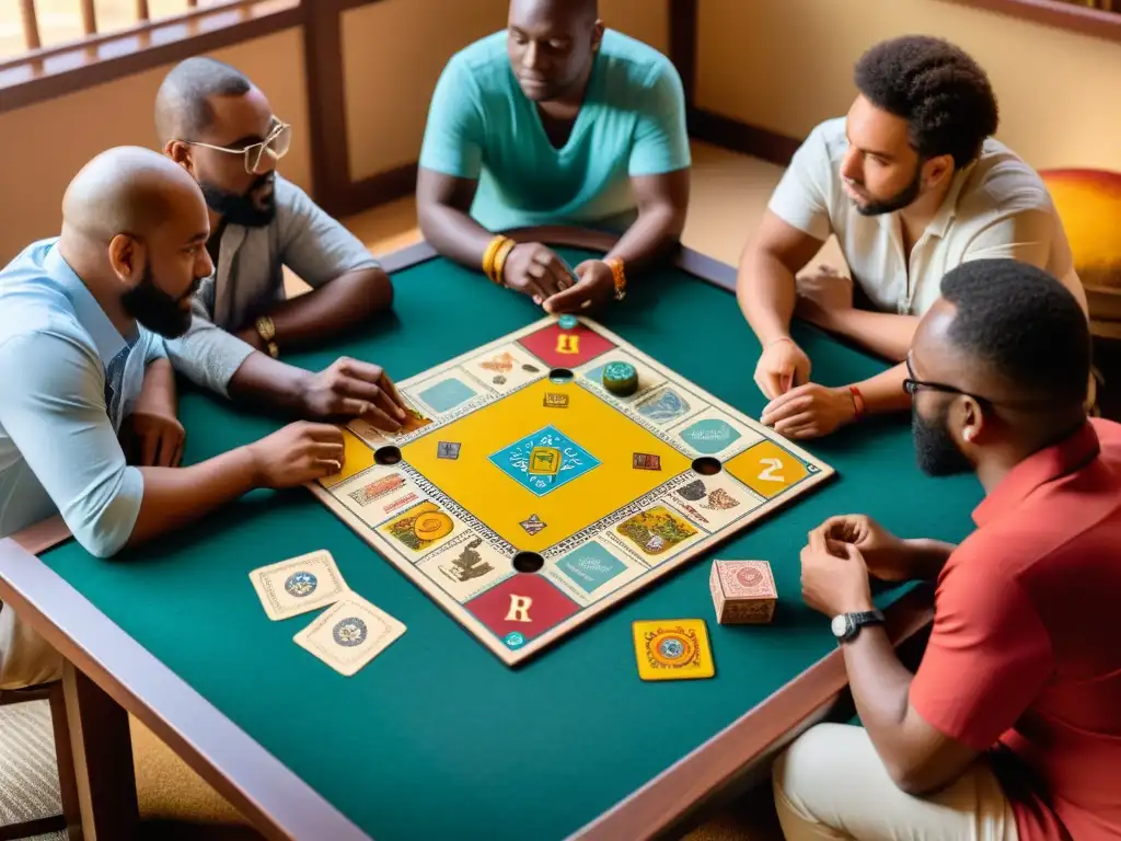 Un grupo diverso juega apasionadamente un juego de mesa con símbolos antiguos y diseños culturales, inmersos en debates filosóficos