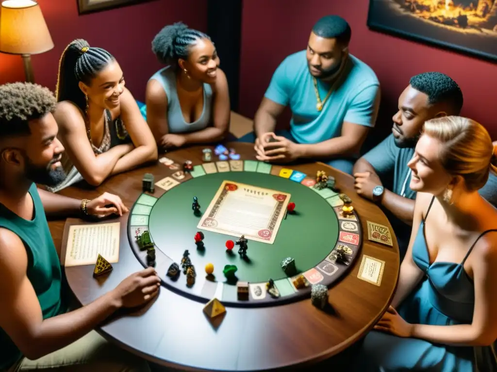 Un grupo diverso juega un juego de rol de mesa en un ambiente íntimo y envolvente, reflejando la conexión y diversidad de la comunidad de juegos