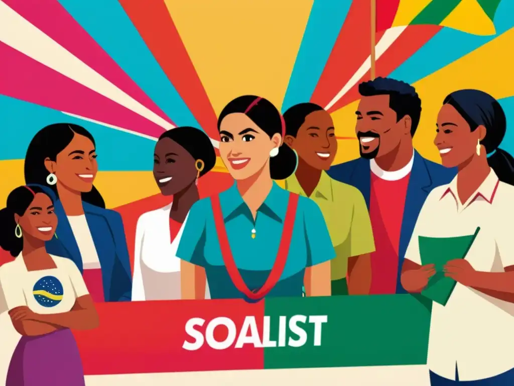 Grupo diverso de latinoamericanos debatiendo sobre la evolución ideológica del socialismo siglo XXI, con banderas coloridas de fondo