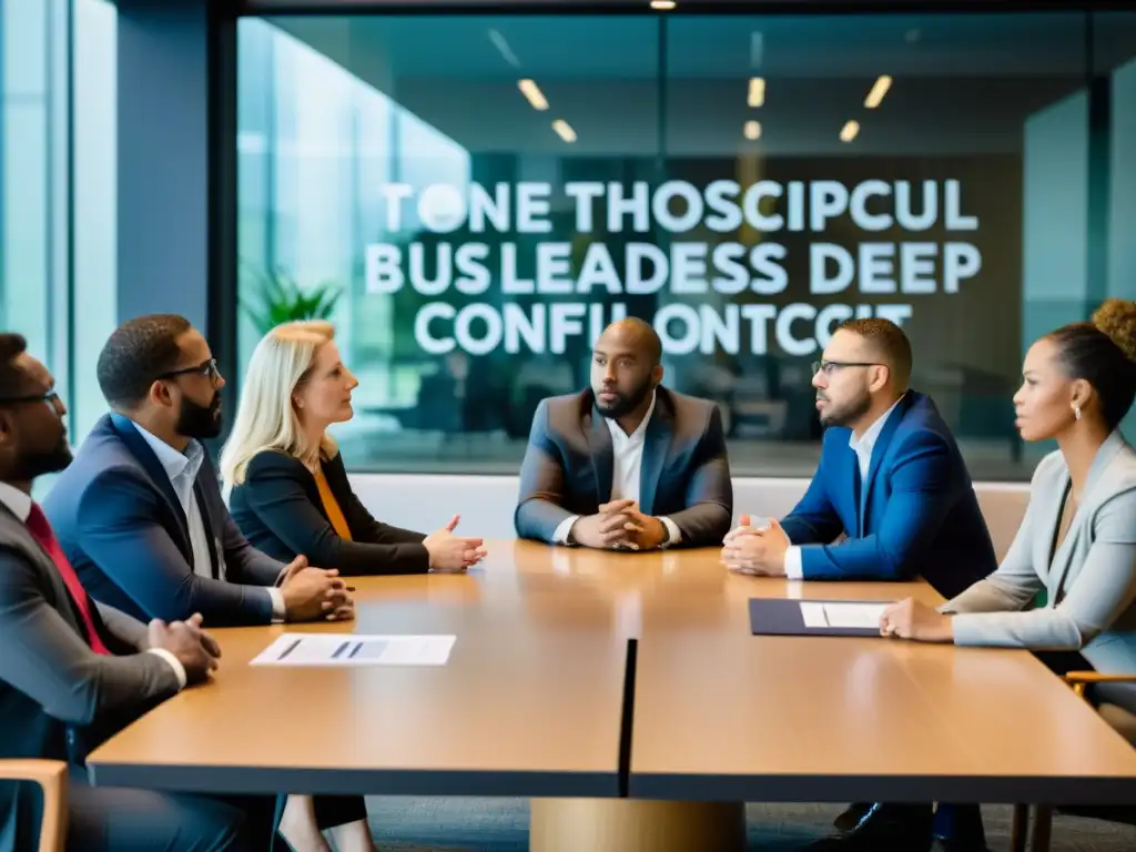 Grupo diverso de líderes empresariales inmersos en una intensa discusión filosófica en una moderna sala de juntas