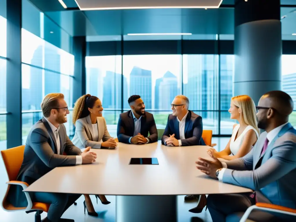Reunión de líderes empresariales en oficina moderna Grupo diverso de líderes empresariales en una animada discusión en una oficina moderna, mostrando claves liderazgo transformacional filosofía