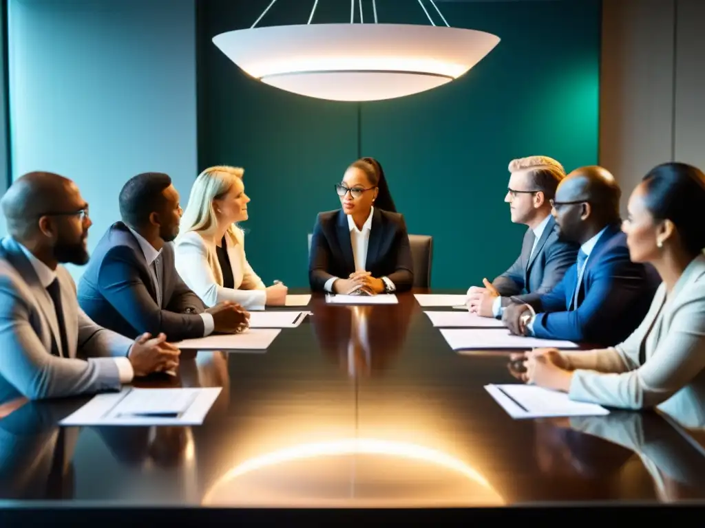 Un grupo diverso de líderes empresariales discuten con enfoque profesional