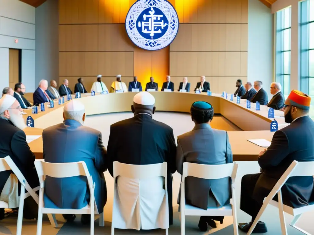 Un grupo diverso de líderes religiosos se reúne en un salón moderno, lleno de luz, para dialogar en un ambiente de respeto mutuo
