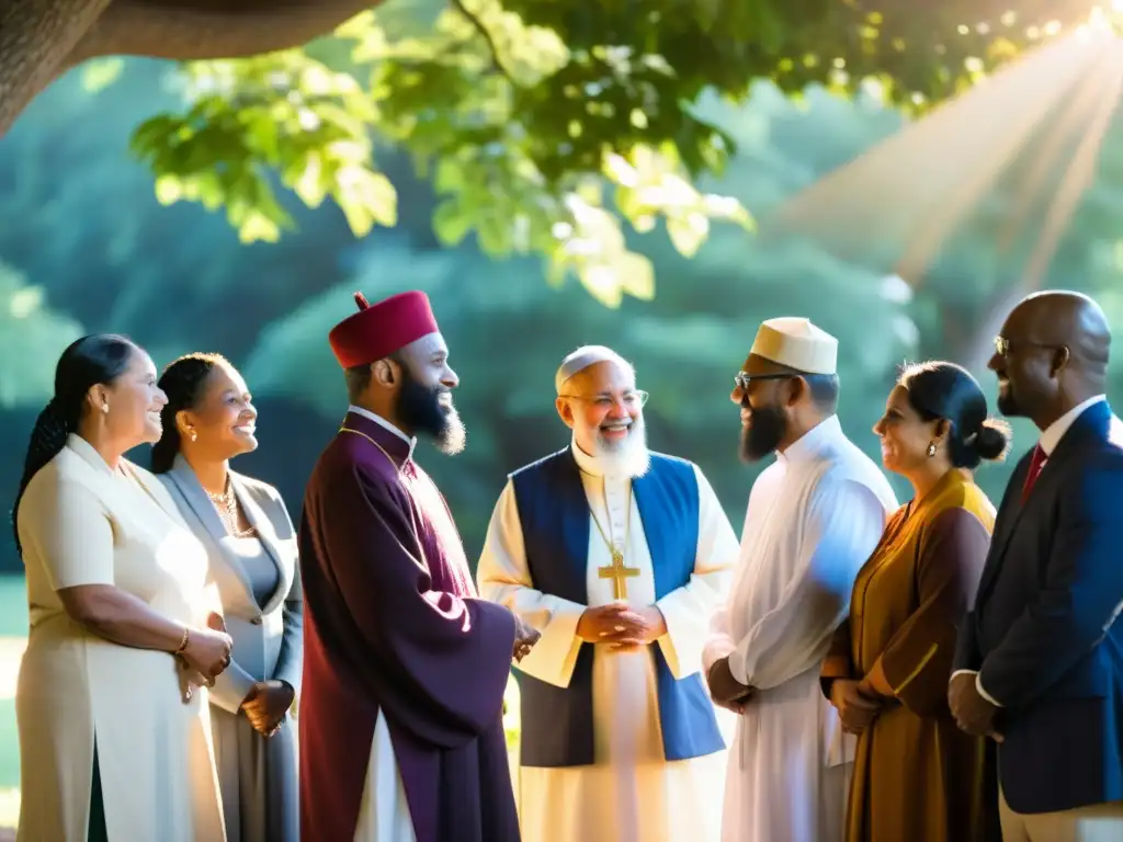 Grupo diverso de líderes religiosos y miembros de la comunidad dialogan en un círculo, mostrando beneficios del diálogo interreligioso