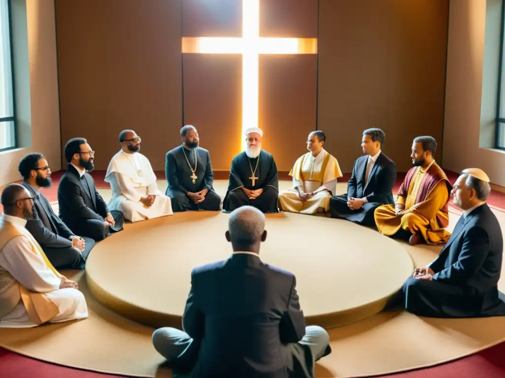 Grupo diverso de líderes religiosos en diálogo interreligioso sensitive, compartiendo ideas y respeto mutuo