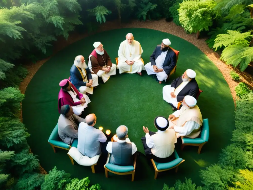 Grupo diverso de líderes religiosos en diálogo interreligioso, rodeados de naturaleza exuberante y luz, simbolizando armonía y esperanza