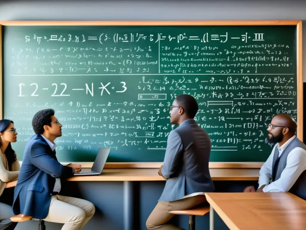Un grupo diverso de matemáticos de todo el mundo inmersos en discusiones apasionadas, rodeados de fórmulas matemáticas en una pizarra