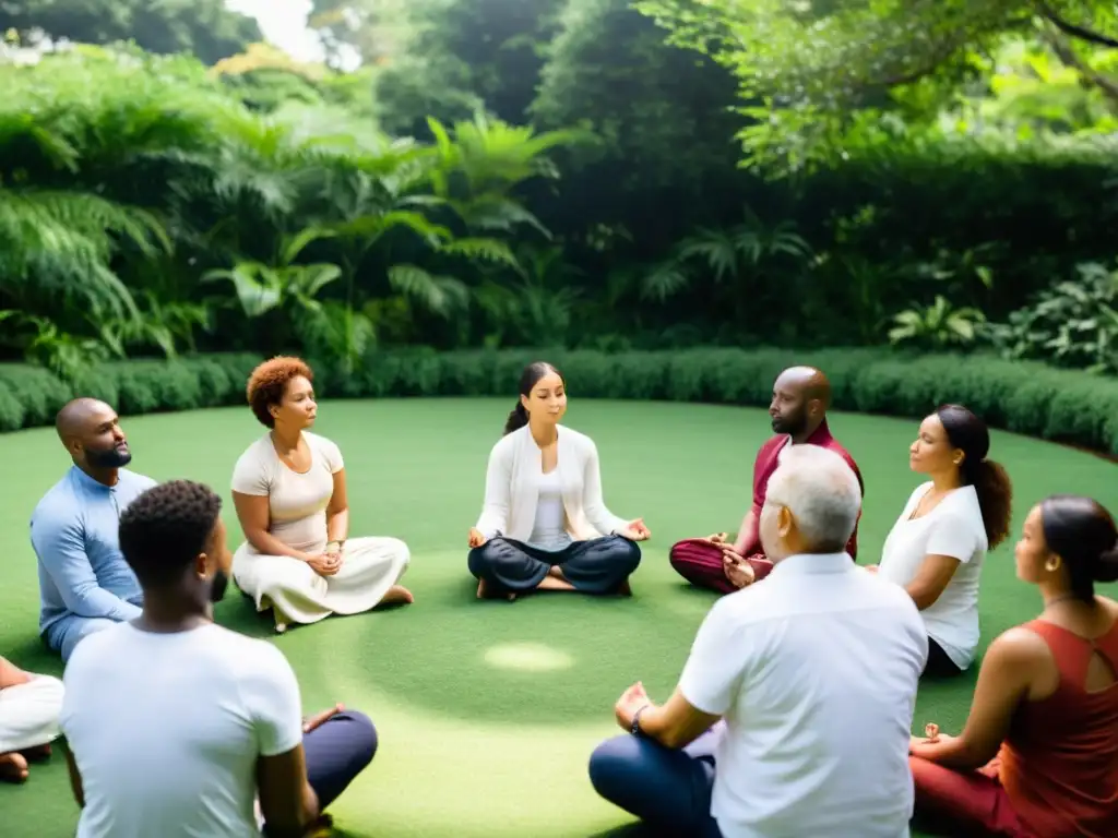 Un grupo diverso participa en una meditación guiada en un entorno natural