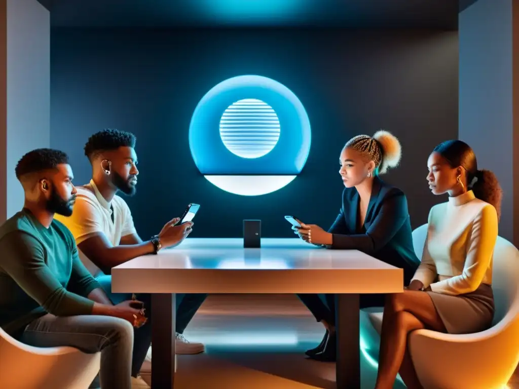 Grupo diverso conversa en mesa moderna, resplandor de pantallas ilumina rostros en sala contemporánea