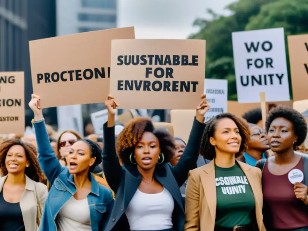 Un grupo diverso de mujeres lidera un activismo ecológico, mostrando fortaleza y unidad en una protesta por un futuro sostenible