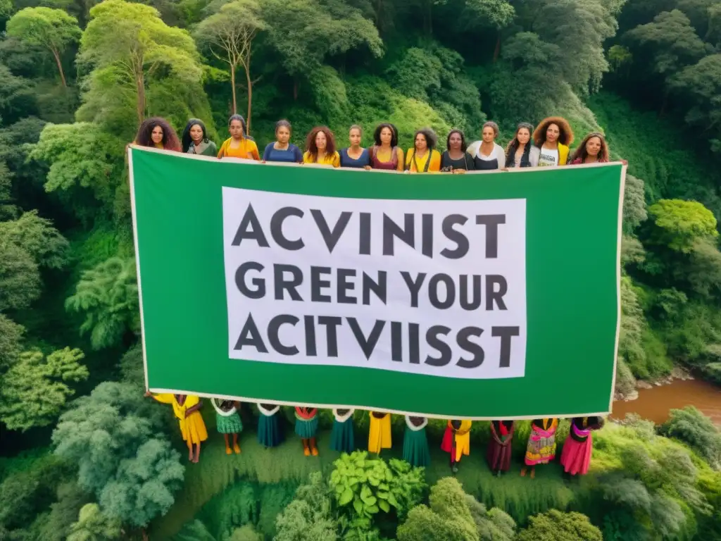 Grupo diverso de mujeres activistas en el borde de un exuberante bosque, sosteniendo pancartas con mensajes ecofeministas