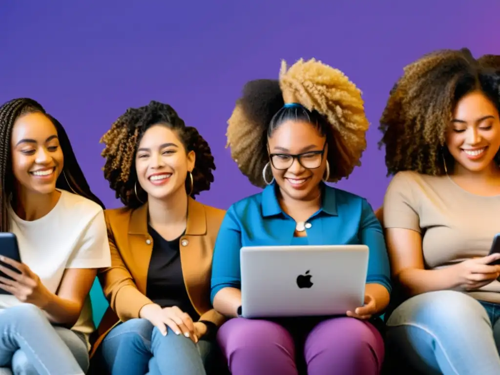 Grupo diverso de mujeres activistas usando tecnología para promover el feminismo digital y la igualdad