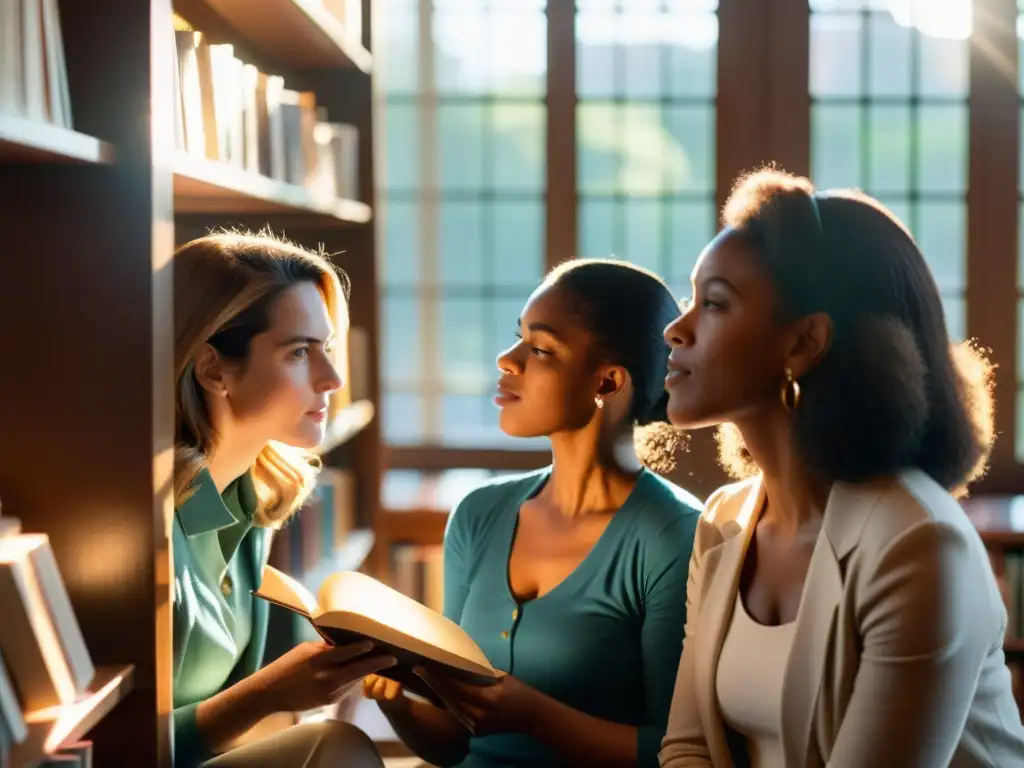 Un grupo diverso de mujeres apasionadas se reúnen en una biblioteca iluminada por el sol, inmersas en una profunda discusión sobre filosofía feminista