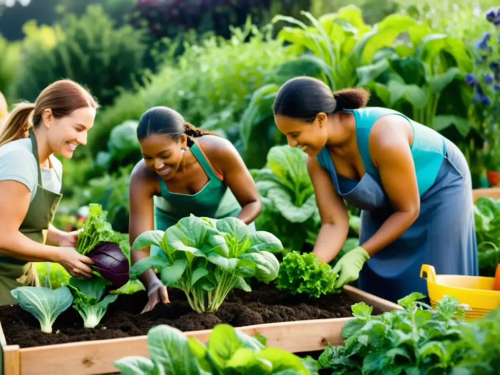 Un grupo diverso de mujeres trabaja en armonía en un huerto comunitario, cuidando la tierra y las plantas con expresiones de cariño