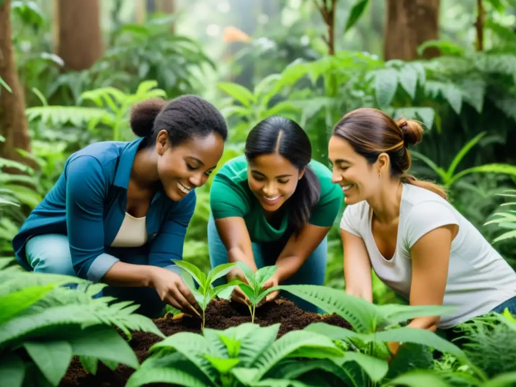 Un grupo diverso de mujeres trabajando en armonía con la naturaleza en un bosque exuberante, mostrando la visión ecofeminista mundo sostenible