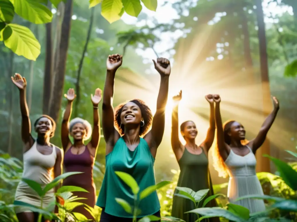 Grupo diverso de mujeres en el bosque levantando los brazos en solidaridad por los derechos de la mujer, ecofeminismo y justicia