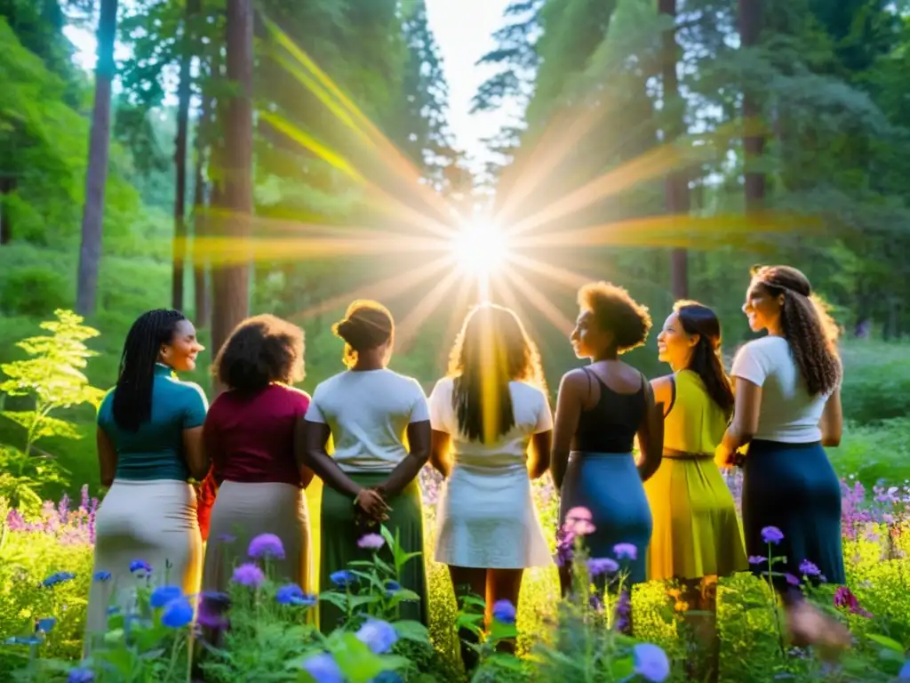 Un grupo diverso de mujeres unidas en un bosque exuberante, con un brillo cálido en sus rostros, sosteniendo símbolos de ecofeminismo