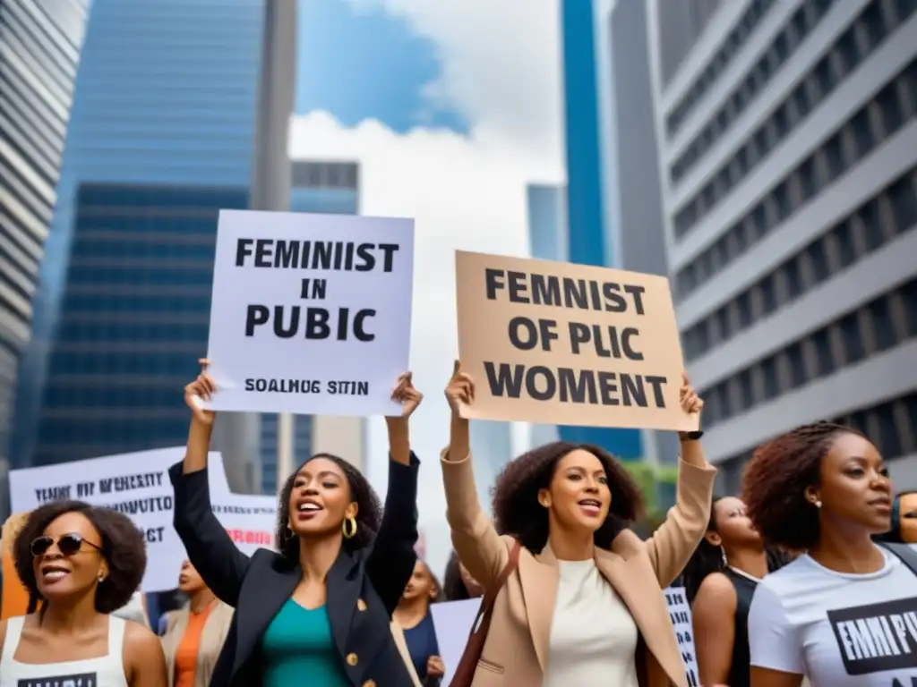 Un grupo diverso de mujeres marcha en la calle de la ciudad, levantando pancartas con consignas feministas