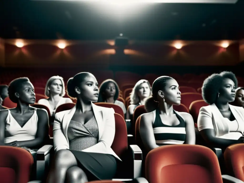 Un grupo diverso de mujeres se sienta en un cine oscuro, con rostros iluminados por la pantalla