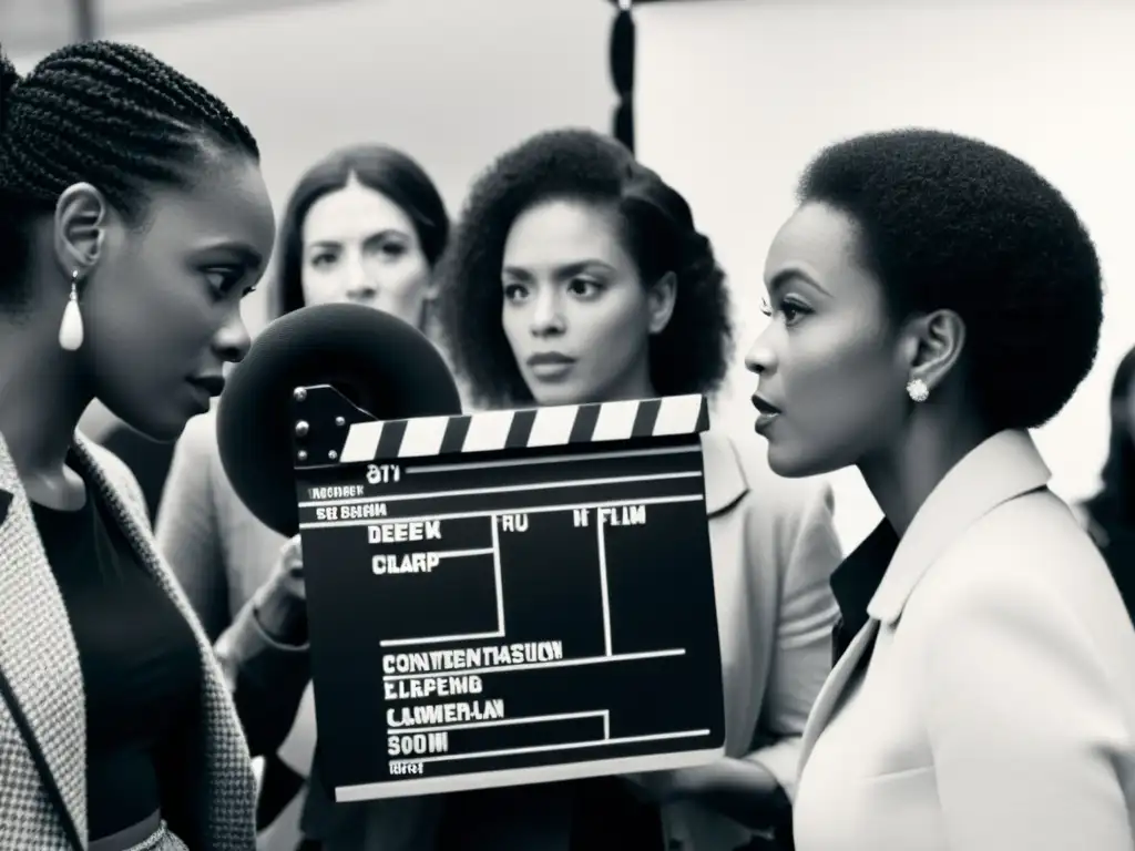 Grupo diverso de mujeres cineastas en un set, trabajando en conjunto para crear un cine feminista decolonial
