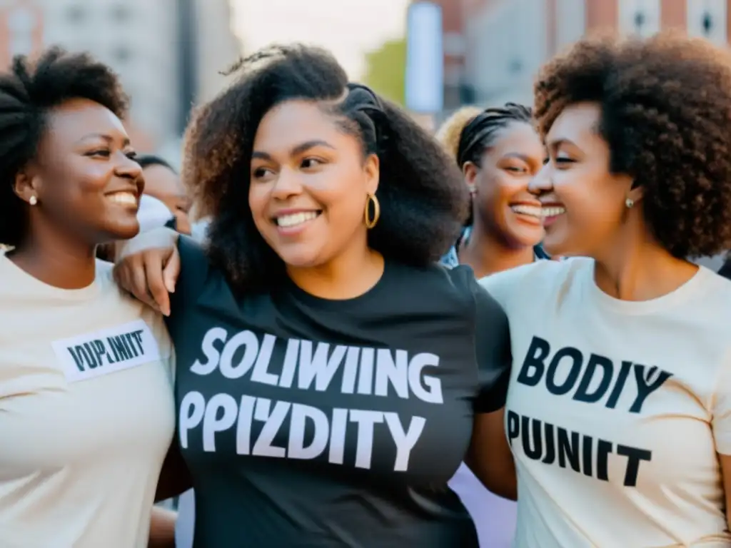 Grupo diverso de mujeres en círculo, unidas con camisetas de empoderamiento