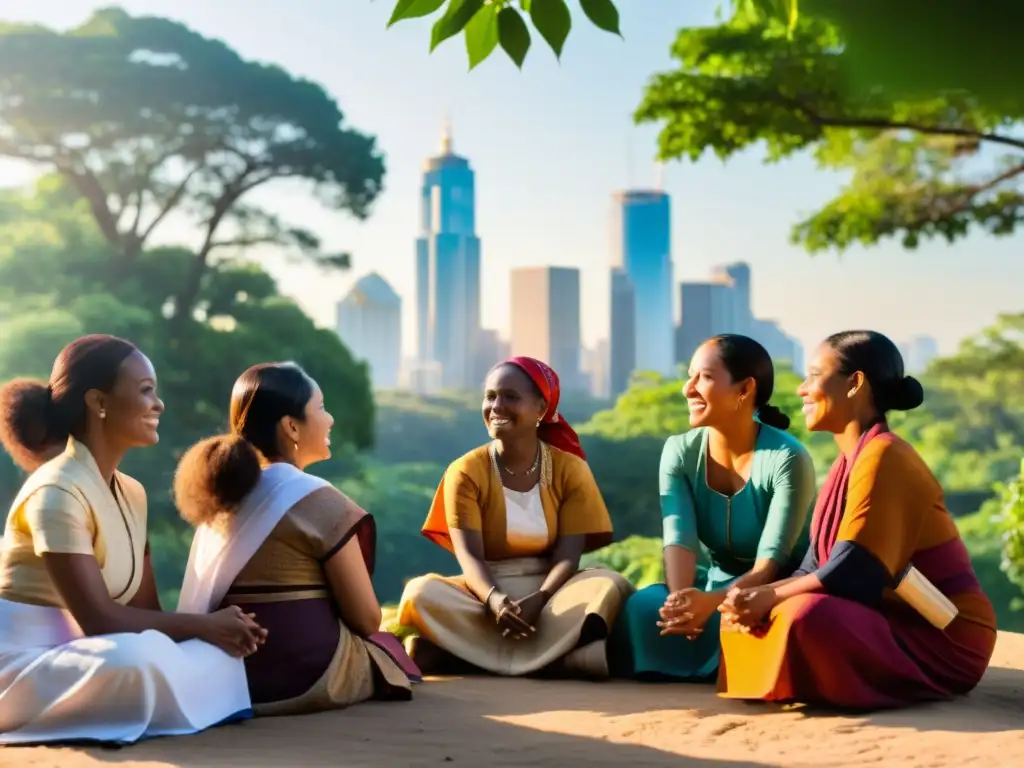 Grupo diverso de mujeres en círculo, discutiendo derechos laborales y empoderamiento, con fondo de ciudad