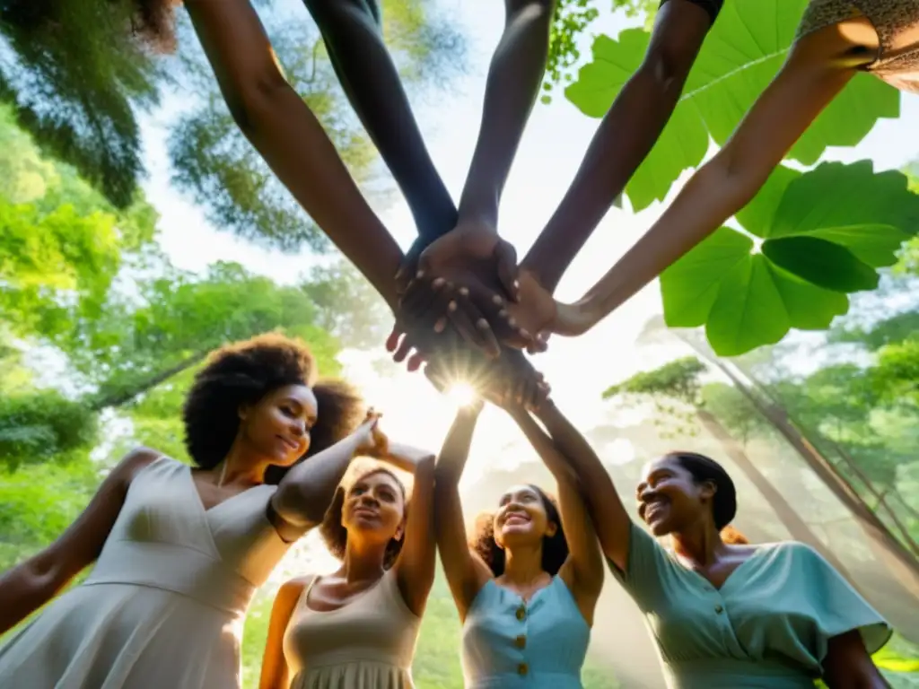 Grupo diverso de mujeres se unen en círculo en el bosque, reflejando la conexión entre ecofeminismo y naturaleza con determinación y hermandad