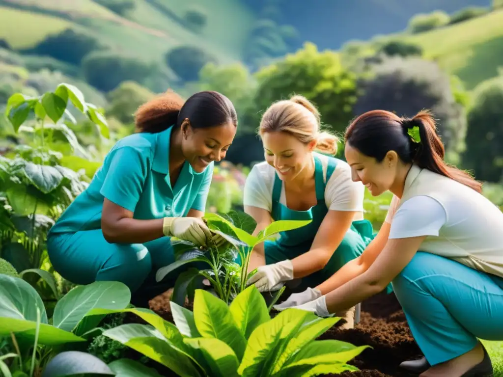 Grupo diverso de mujeres cuidando jardín, conectadas con la naturaleza