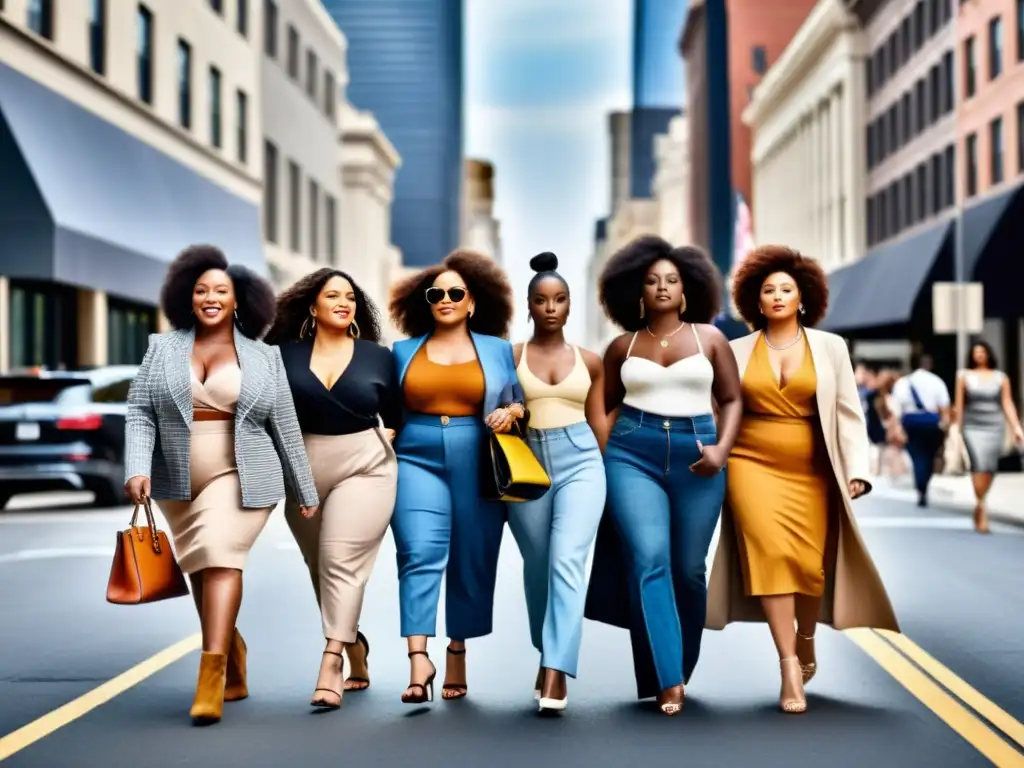Un grupo diverso de mujeres desfila con confianza por la ciudad, desafiando estándares de belleza