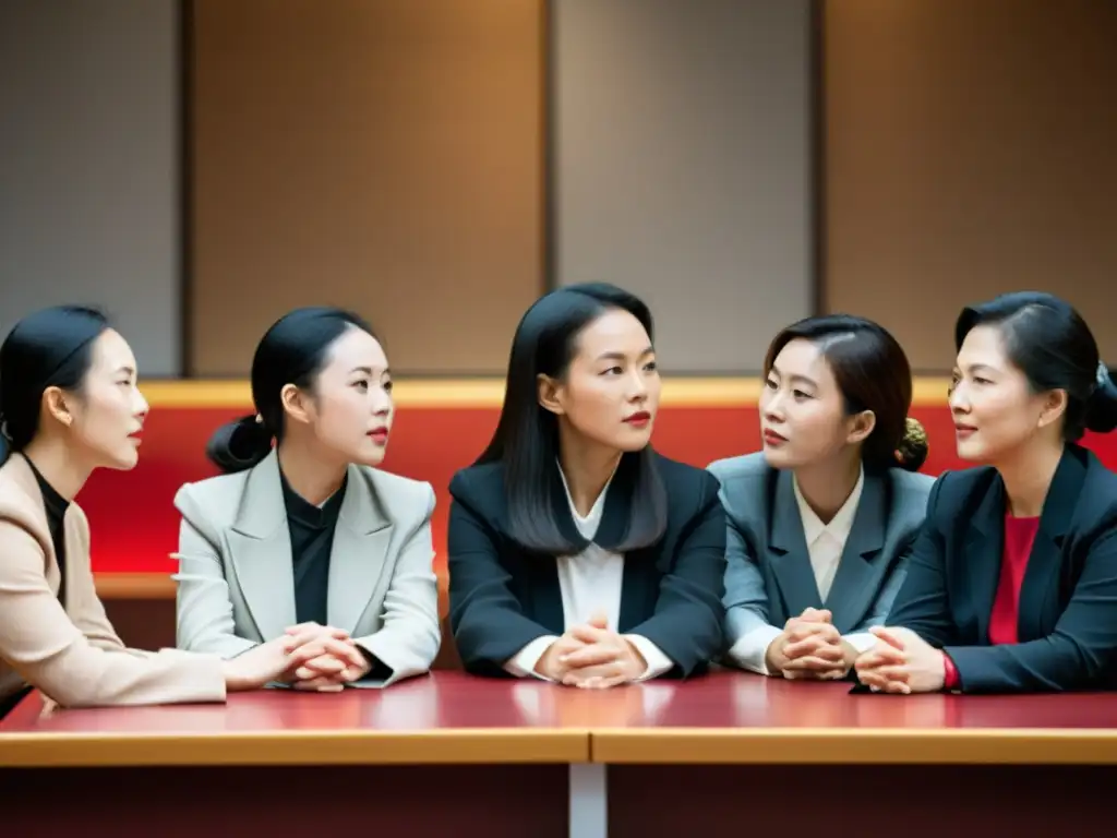Grupo diverso de mujeres debatiendo sobre el Confucianismo, fusionando tradición y modernidad