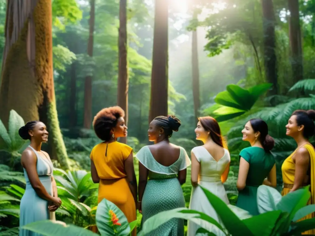 Un grupo diverso de mujeres de distintas culturas y fondos, unidas en un bosque exuberante, reflejando empoderamiento y solidaridad
