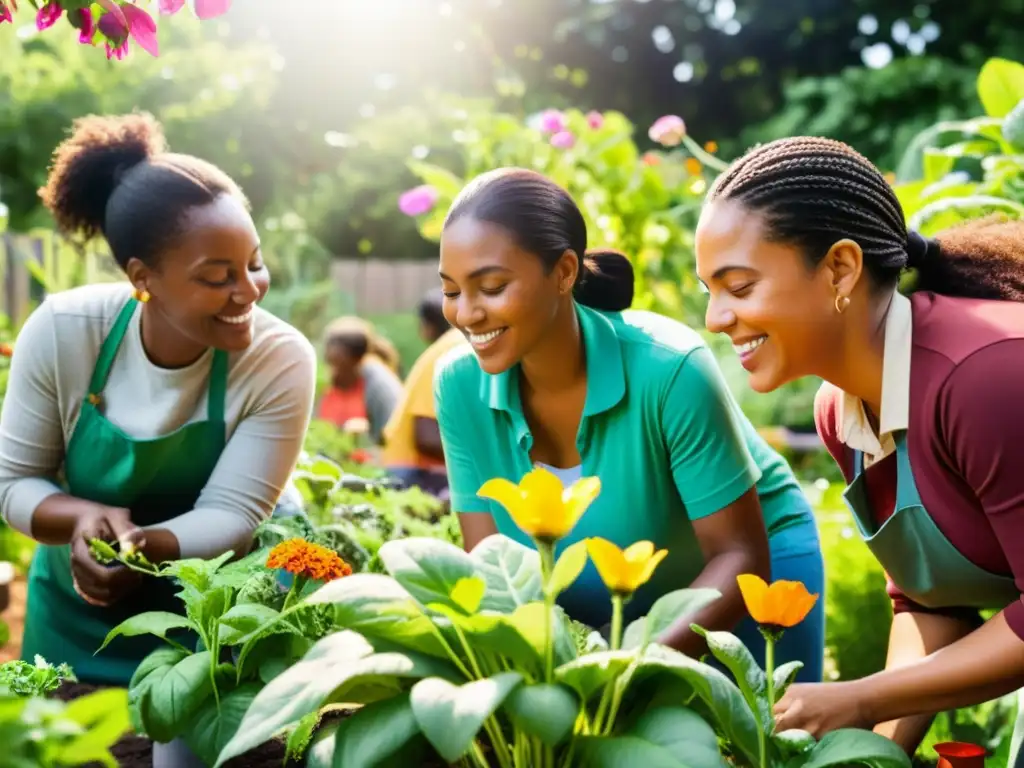 Grupo diverso de mujeres practicando ecofeminismo en un jardín comunitario, unidas por la pasión y el propósito