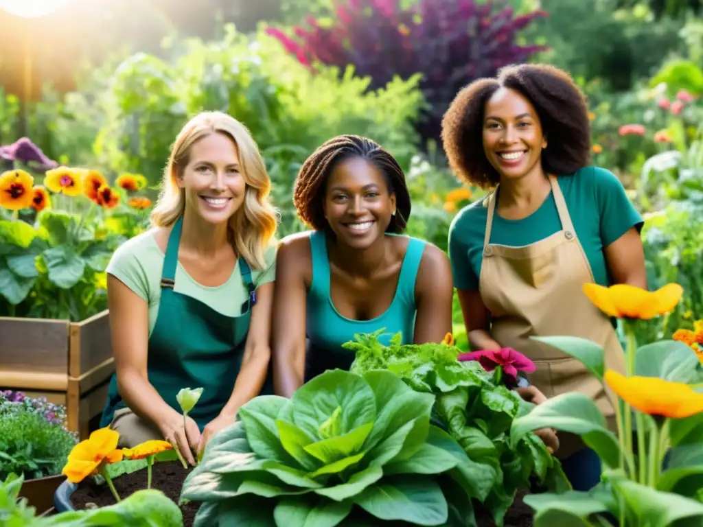 Grupo diverso de mujeres practicando ecofeminismo en un jardín comunitario rodeado de naturaleza exuberante y flores coloridas