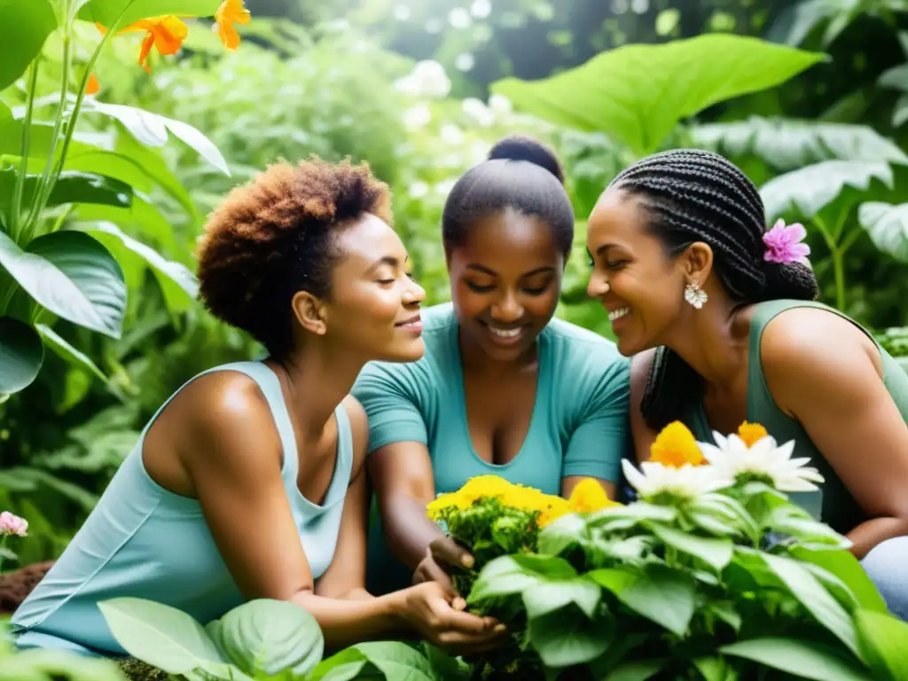 Grupo diverso de mujeres practicando el ecofeminismo y armonía con la Tierra en un exuberante jardín
