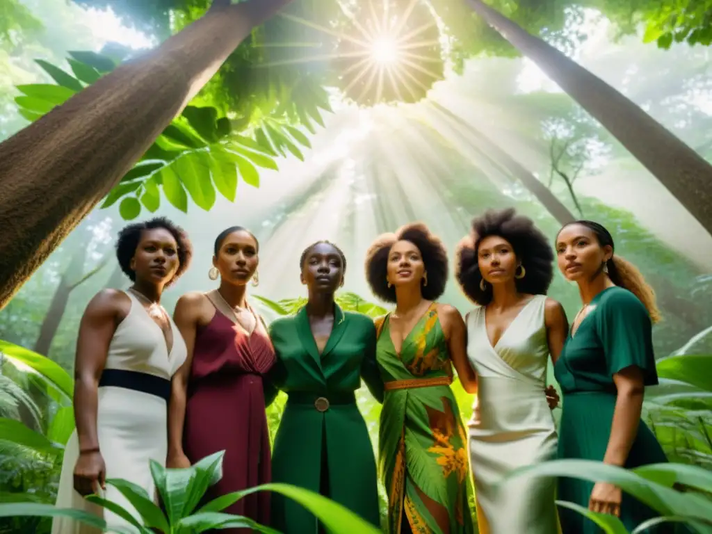 Un grupo diverso de mujeres ecofeministas destaca en un bosque exuberante, representando fuerza y sabiduría