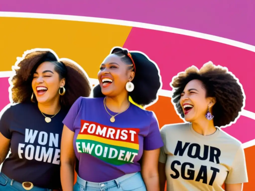Un grupo diverso de mujeres de distintas edades y etnias, visten atuendos feministas coloridos y expresan confianza y empoderamiento