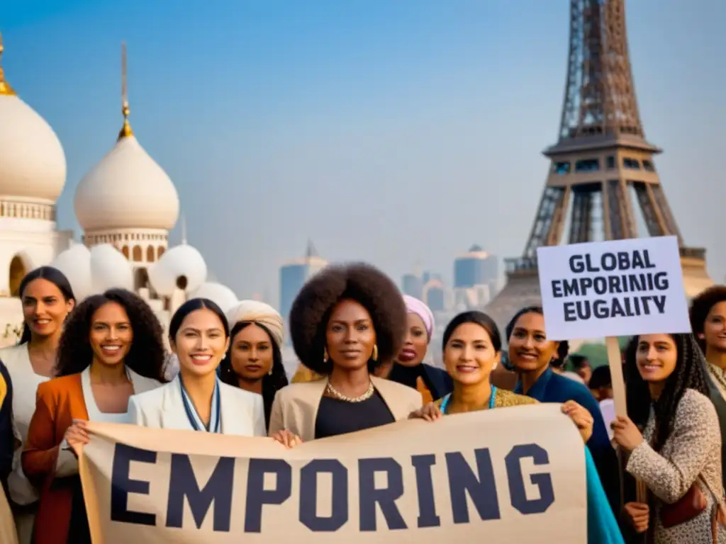 Grupo diverso de mujeres de distintas épocas y culturas sostienen pancartas con mensajes de empoderamiento en diferentes idiomas, representando la historia del feminismo filosófico
