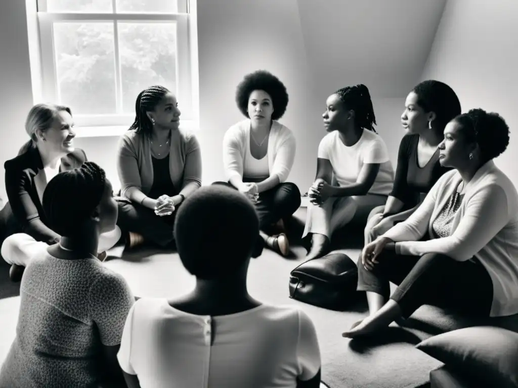 Grupo diverso de mujeres debatiendo apasionadamente sobre feminismo y filosofía de género en una acogedora habitación llena de libros