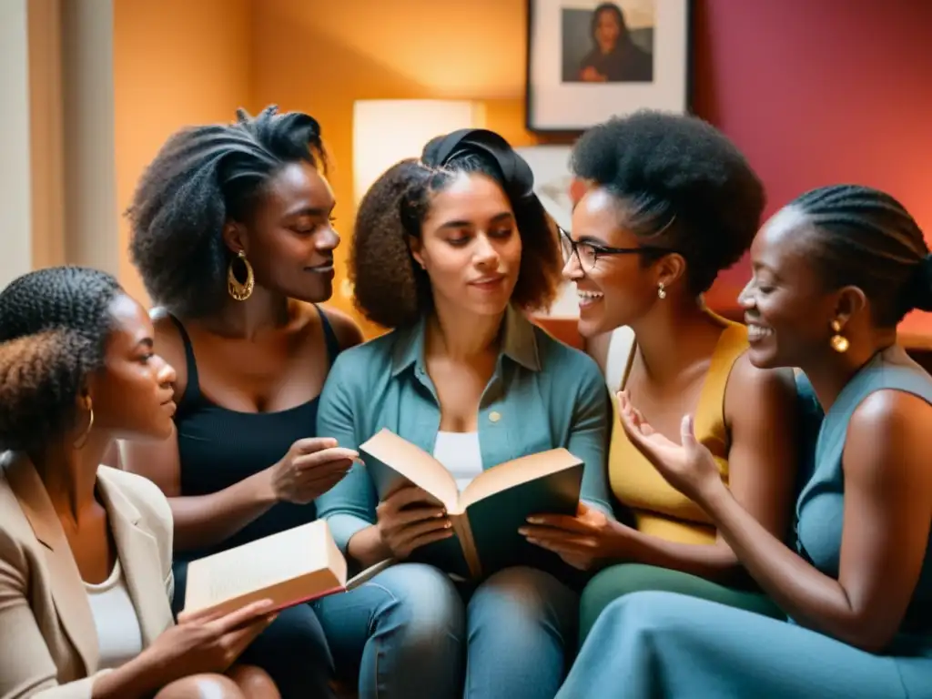Un grupo diverso de mujeres discute apasionadamente sobre feminismo decolonial literatura contemporánea en una acogedora habitación llena de libros
