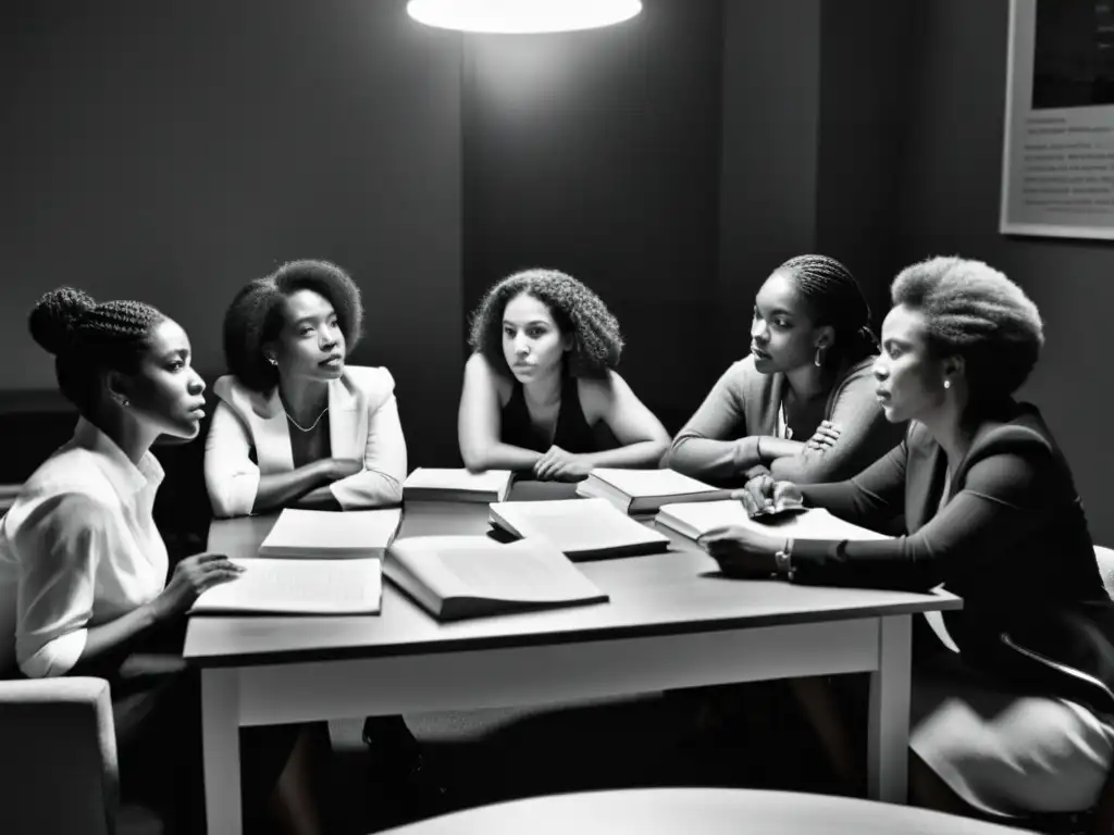 Un grupo diverso de mujeres discute con pasión en una foto en blanco y negro, mostrando la energía intelectual y la historia del feminismo filosófico