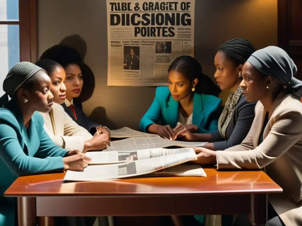 Grupo diverso de mujeres debatiendo apasionadamente en una habitación iluminada por un solo foco, rodeadas de propaganda anarquista