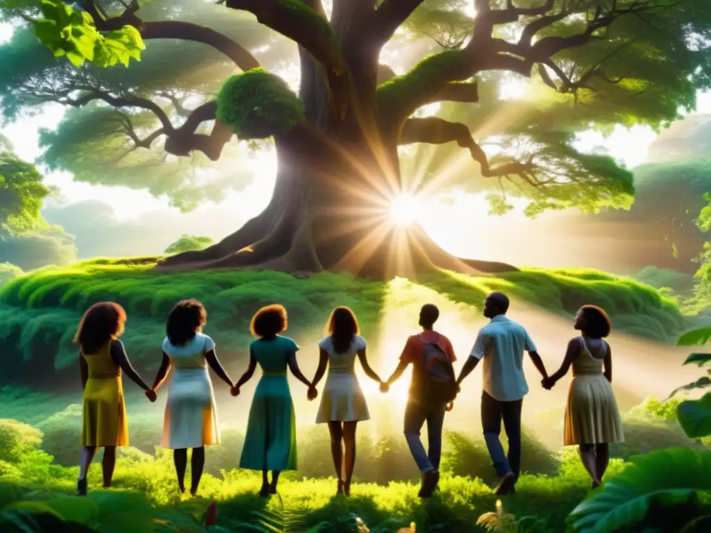 Un grupo diverso de mujeres y hombres se paran en círculo alrededor de un árbol frondoso en un bosque vibrante