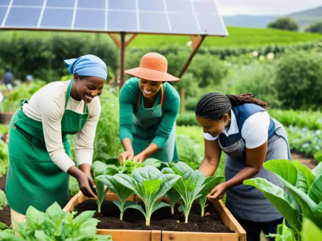 Grupo diverso de mujeres trabajando en un huerto comunitario, promoviendo la sostenibilidad ecofeminista y equidad de género en la agricultura
