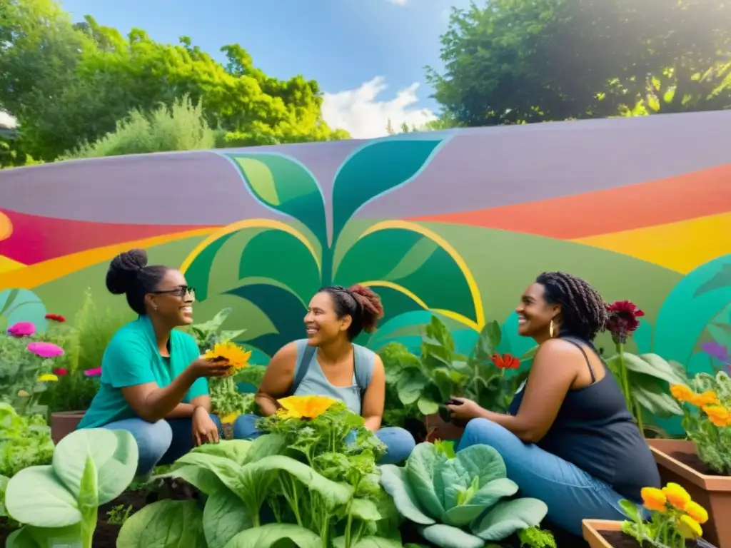 Un grupo diverso de mujeres e individuos no binarios colaboran en un jardín comunitario, rodeados de vegetación exuberante y flores vibrantes