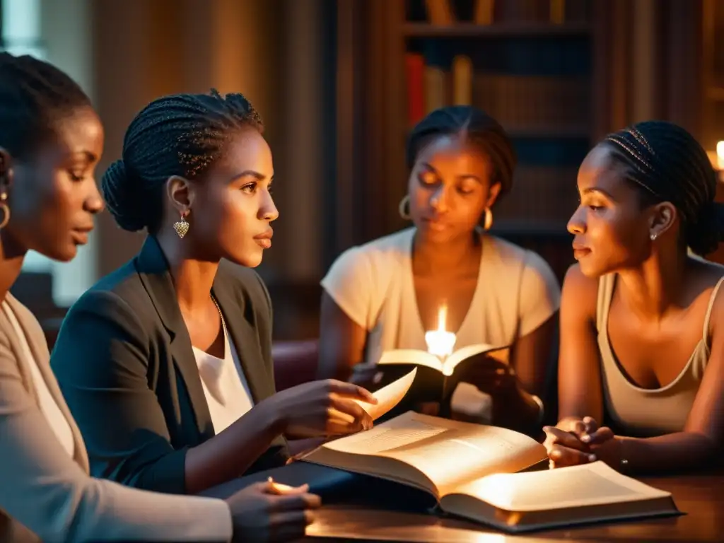 Grupo diverso de mujeres en intensa conversación filosófica, iluminadas por velas en ambiente histórico, evocando la historia del feminismo filosófico